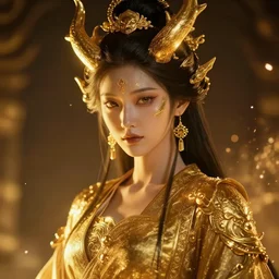 naraka buddhist demon korean female, smooth, detailed, glowing in gold, cinematic sparks, unreal engine 5