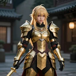 Photo, Nikon, a Japanese cosplayer girl cosplaying as a Monster Hunter: World hunter in full Odogaron armor set, on the street