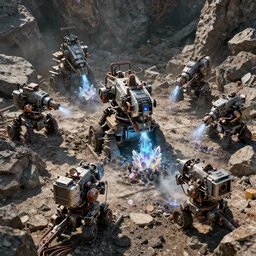 a group of automatic mining machines that extract energy crystals from the rock, complete absence of sunlight, close up peter mohrbacher, featured on artstation, octane render, cinematic, rugged, intricate, 8 k