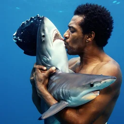 john coltrane hugging and kissing a hammerhead shark