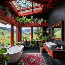 black bathroom inside of a psychedelic modern ecopunk frank lloyd wright shotgun house mansion made entirely of redwood in the mountain valley of colorado, lots of plants and stained glass ceilings and persian rugs