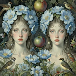 vintage illustration pattern of two goddess of light blue flowers by hsiao - ron cheng with anxious piercing eyes with bizarre compositions blend of flowers and fruits and birds by beto val and john james audubon, exquisite detail, extremely moody lighting, 8 k