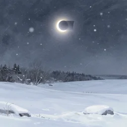 a snowy landscape in the middle of a blizzard with a solar eclipse in the background. featured on art station. landscape painting. digital art.