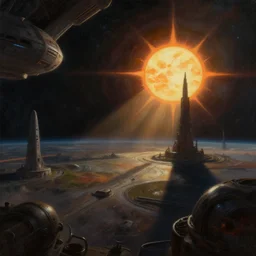 A matted painting of Aliens of the Sun on a spaceship environment with expansive views of space, inspired by greg rutkowski and Keith Mallett, digital art, extremely moody lighting, glowing light and shadow, atmospheric, shadowy, cinematic