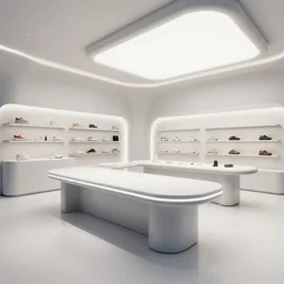 futuristic store interior with display tables, by krenz cushart, octane lumion corona