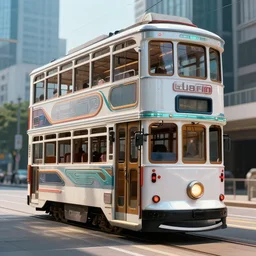triple decker tram, retro futuristic, volumetric lighting, photorealistic, daytime, sunny weather, sharp focus, ultra detailed, 4 0 0 0 k