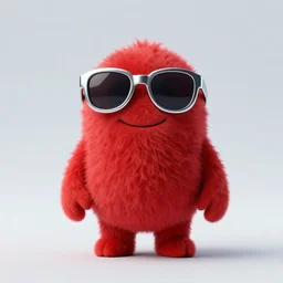 3 d render of completely red hairy friendly smiling antropomorphic creature wearing chrome shades, without nose, full body, standing on 2 feet, in the style of pixar, white background, unreal engine 5, octane render, highly detailed hdr