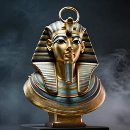 photo of an egyptian god with a ring as his helmet, heavenly pose, bust shot, high detail, studio, cinematic background, smoke, sharp, cyberpunk, 8 5 mm sigma art lens