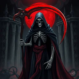 in front of the gates of hell, the cloak - clad skeleton of an ominous black god of death with a soul harvesting scythe in his hand, ominous, realistic smooth detailed artwork, intricate lines, clear focus, conceptual art, black and red color scheme, arsen asyrankulov, antonino truisi