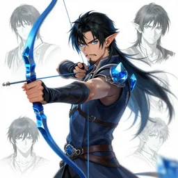 blue crystal, male black haired half elf, archer, black goatee, blue eyes, artstation, style of jesper ejsing, by rhads, makoto shinkai and lois van baarle, ilya kuvshinov, ossdraws