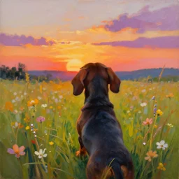 a painting from behind an ultra realistic highly detailed dachshund standing in a field of flowers watching a beautiful sunset by craig mullins, trending on artstation, color field, concept art, artstation hd, matte drawing