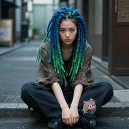 concept art, pretty girl sitting on street, dreadlocks blue and green, singular, junichi higashi, isamu imakake, intricate, balance, ultra detailed, full far frontal portrait, volumetric lighting, cinematic lighting + masterpiece,