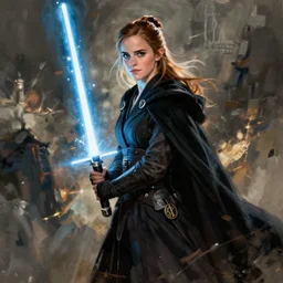 emma watson as a sith lord with a cloak and a lightsaber, commissioned fan art