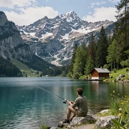A stunning landscape with mountains, lake and a tiny wooden house at the edge of the forest. A man is sitting at the lake holding a fishing rod