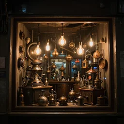 steampunk shop window by don bluth, darkness, neon lights, photo realistic, completely filled with interesting oddities, things hanging from ceiling, light bulbs, cinematic