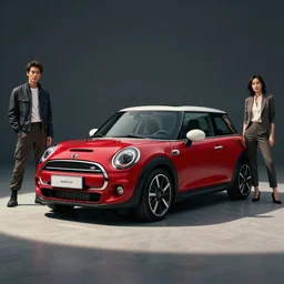 Red Mini Cooper car designed by Aplle that looks like it is from Borderlands and by Feng Zhu and Loish and Laurie Greasley, Victo Ngai, Andreas Rocha, John Harris