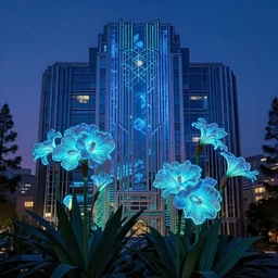 luminescent flowers blooming at twilight, artdeco
