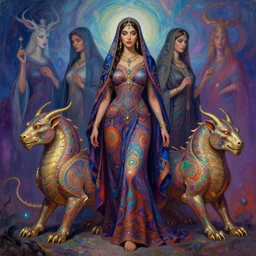 sublimely attractive sufi clothed female gypsie dragon born assassins of the mystic unity, fine silks draped over form, turkish clothing, psychedelic fractal sphinx, illustrative character design, concept art, tales of earthsea, sky witch, colorful, matte painting, soft illumination, painting by gaston bussiere, craig mullins, j. c. leyendecker, tom of finland
