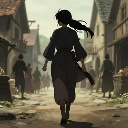 ilya kuvshinov key anime visual portrait of a young female in robe walking through a busy medieval village, dynamic pose, dynamic perspective, cinematic, dramatic lighting, detailed silhouette, anime proportions