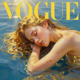 3 d, close - up, liquid gold and blue water, sleepy fashion model, morning, sun rays, vogue cover style, poster art, hyper detail, intricate oil painting, multiple exposure, morning mood, 3 d, by tooth wu and wlop and beeple and greg rutkowski