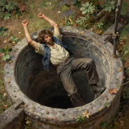 a hopeless man climbing inside an old well, highly detailed, oil painting, masterpiece, nature, romanticism