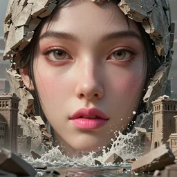 Ancient city being destroyed by a flood,detailed face,detailed eyes,pink lips,upturned nose, digital art , highly detailed , high contrast, beautiful lighting, award winning , trending on art station, photorealistic, 8k