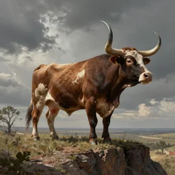 a surreal panting of a longhorn steer on a bluff in texas, in the style of h. r. giger, digital painting, extremely moody, highly detailed, sharp focus, illustration, key visual, unreal engine