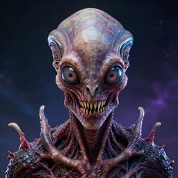 portrait of a frightening space alien, varying detailed fractal skin, meat monstrosity, eyes containing big iris, bones piercing, dragon scales, realistic render, detailed, slimy unreal engine, symmetrical!!, cosmic colors lighting, photorealistic, greg rutkowski and ruan jia, octane render, raytracing