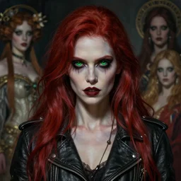portrait painting of a devious pale woman with green eyes and long red hair wearing a badass leather jacket, ultra realistic, concept art, intricate details, eerie, highly detailed, photorealistic, octane render, 8 k, unreal engine. art by artgerm and greg rutkowski and charlie bowater and magali villeneuve and alphonse mucha
