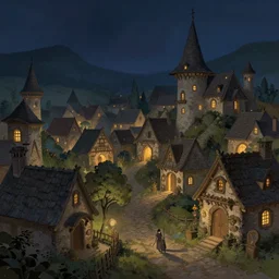 A quaint, medieval magical village at night, digital painting by Alena Aenami, trending on artstation