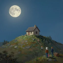 small cottage animal on a tall hill. moon, hyper realistic painting by chiara bautista karl kopinski kim jung giu and weta studio, and lucasfilm and jesper ejsing and norman rockwell greg rutkowski frank frazzeta