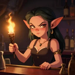 cute female goblin bartender, beautiful, smug expression, focus, sharp, torch side lighting, art by Dave Greco
