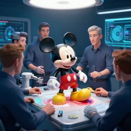 a cybertronic mickey mouse being dissected by a group of network executives, on an operating table, octane render, beeple, cgstation, 3 d render, very detailed, mindblowing