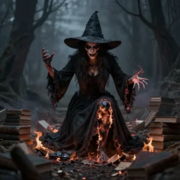 burned witch on a debris of books, horror. dark gothic, artstation