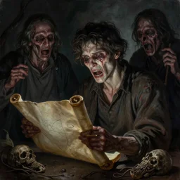 ultra - realistic horrifying painting of a terrified man reading a dead sea scroll by dave dorman, paul carrick, dark, brooding, volume lighting, atmospheric lighting, painted, intricate, ultra detailed, well composed, best on artstation, cgsociety, epic, stunning, gorgeous, intricate detail, wow, masterpiece