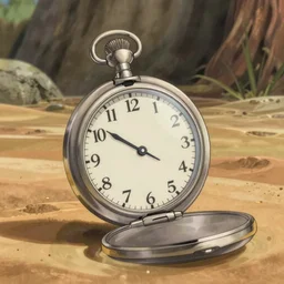 realistic interior shot from howls moving castle ( 2 0 0 4 ) a spinning silver pocket watch. flooded desert. cartoon depth of field.