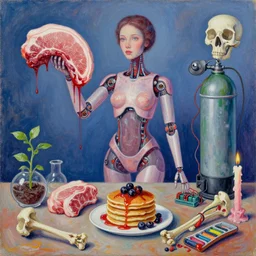 female android, surgical equipment, raw pork, berry juice drips, pancakes, berries, bones, electrical wires, battery, oxygen tank, scientific glassware, seedlings, bones, art supplies, candles dripping wax, neo - impressionist, surrealism, acrylic and spray paint and oilstick on canvas