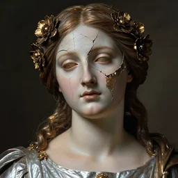 hyperrealism close - up mythological portrait of a medieval woman's shattered face partially made of bronze color flowers in style of classicism using the fibonacci golden ratio, pale skin, wearing silver dress, dark and dull palette