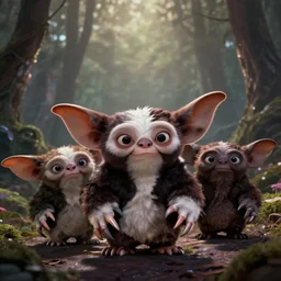 Gremlins movie, Gyzmo is high and the gremlins are high too, trending on Artstation, 8K, ultra wide angle, pincushion lens effect.