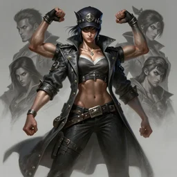 a highly detailed illustration of fierce one armed japanese woman wearing long jacket and delinquent cap, dramatic strong pose, muscular, art by artgerm and greg rutowski and ilya kuvshinov, intricate, elegant, highly detailed, centered, digital painting, artstation, concept art, smooth, sharp focus, league of legends concept art, wlop.
