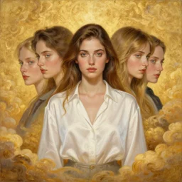 epic painting portrait photography beautiful goddess wearing white silk blouse with golden glow background, drawing, intricate, symmetrical front, by amy leibowitz, wlop, jeremy lipkin, beeple, intricate, artgerm, ilya kuvshinov, golden clouds background, centered