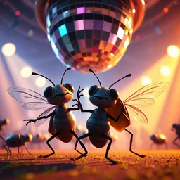 a closeup photorealistic illustration of cartoon bugs dancing below a disco ball to dubstep music. bright scene. fine detail. this 4 k hd image is trending on artstation, featured on behance, well - rendered, extra crisp, features intricate detail, epic composition and the style of unreal engine.