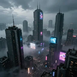 futuristic dystopian cityscape, high rises, billboard ads, neon signs, overcast, foggy, ground - level clouds, depressing, ominous, imposing, industrial, polluted, cyberpunk, view from above, dramatic illumination, multi colored lighting, highly detailed, ultra realistic, 8 k, cityscape photography, by greg rutkowski, by nathan walsh