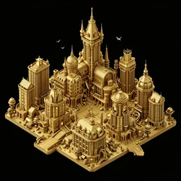 Isometric goldpunk steampunk, residential mansion estate, black background, insanely detailed and intricate, aerial view, trending on ArtStation, Sim City 4, Anno 2070, CIties: Skylines, by Simon Stålenhag and Jim Burns, Cycles4D render, black paper, birds eye view