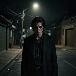 photo of a sinister man staring at the camera, lit by a single street light in the middle of an empty street, dark, mysterious, creepy