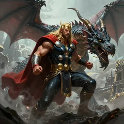 thor fighting a dragon, artstation hall of fame gallery, editors choice, #1 digital painting of all time, most beautiful image ever created, emotionally evocative, greatest art ever made, lifetime achievement magnum opus masterpiece, the most amazing breathtaking image with the deepest message ever painted, a thing of beauty beyond imagination or words