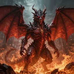 from the depths of hell was he summoned, the great dragon beast rose from the fires with gleaming red eyes, in the style of raymond swanland