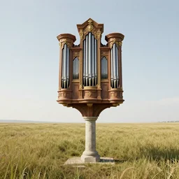 a detailed render of an isolated lonely pipe organ, in the middle of a field, supported by a lone stone column, trending on artstation, render, 3 d, octane, 4 k, 8 k, unreal engine, cinema 4 d, baroque, art deco