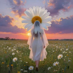 veil of giant white daisy flower on head, girl walking in a flower field, surreal photography, sunrise, dramatic light, impressionist painting, colorful clouds, digital painting, artstation, simon stalenhag