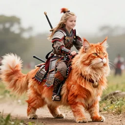 teenaged blonde girl riding a large orange maine cat dressed as warriors